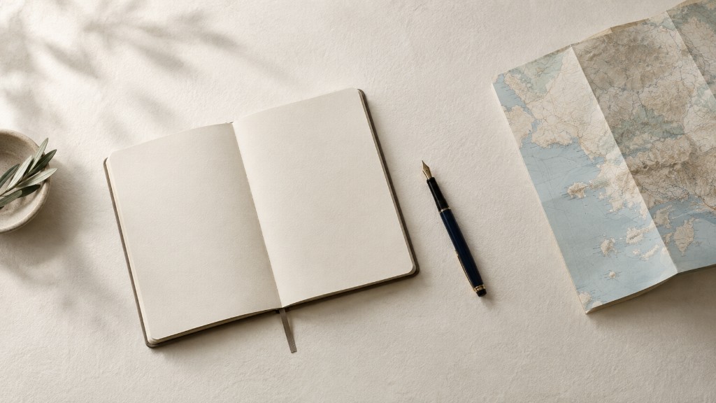 Reiseplanung mit Notizbuch, Füller und Karte